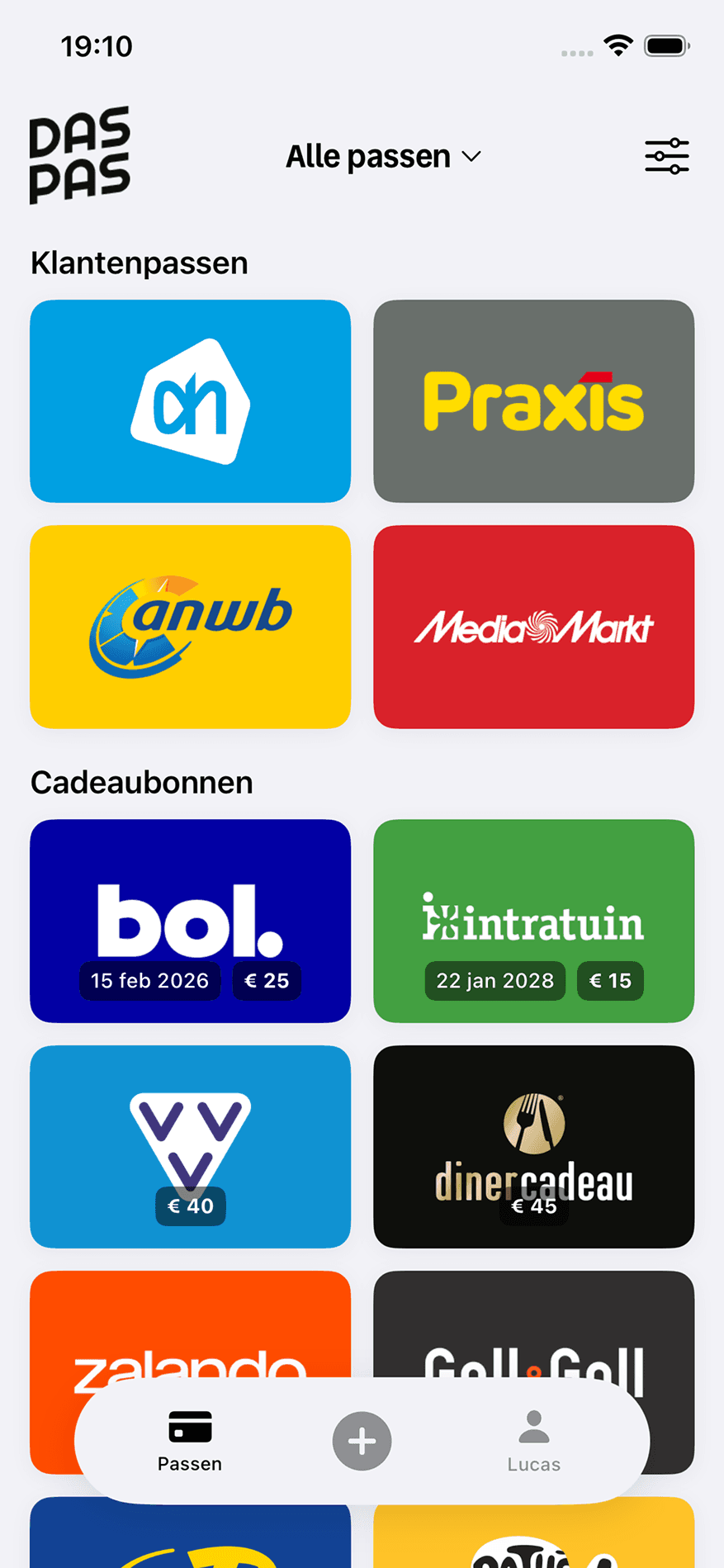 DasPas app: overzicht van klantenpassen en cadeaubonnen